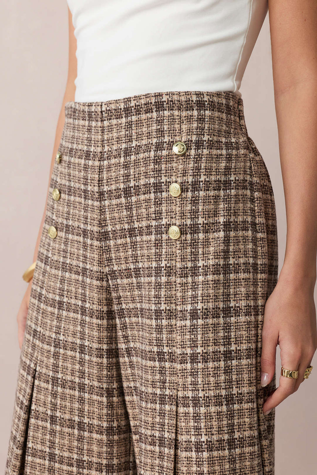 Pantalon taille haute double boutonnage à carreaux