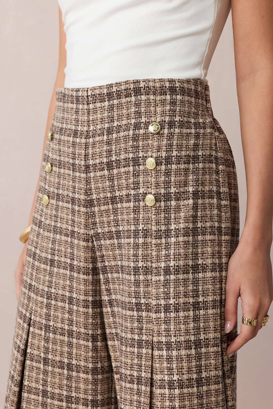 Pantalon taille haute double boutonnage à carreaux