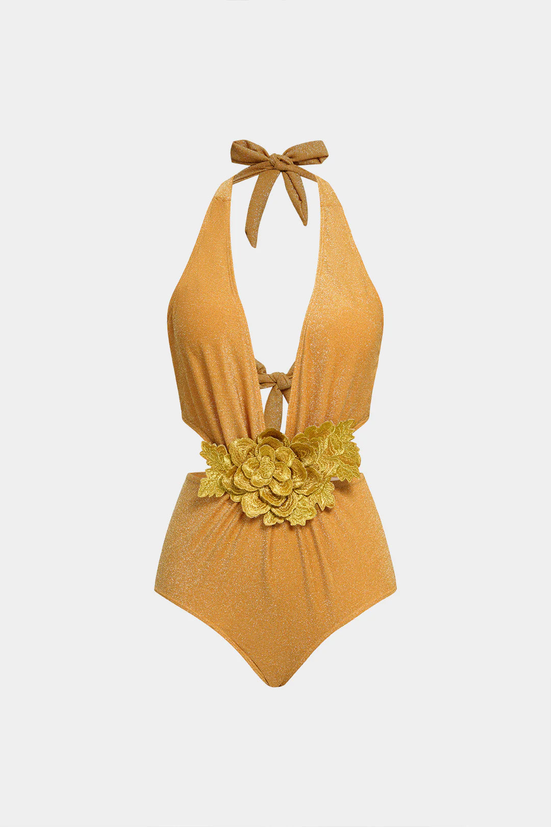 Maillot 1 pièce à fleur 3D or et décolleté