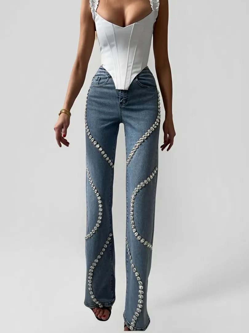 Jean Droit Taille Haute Strass - ComfySweet