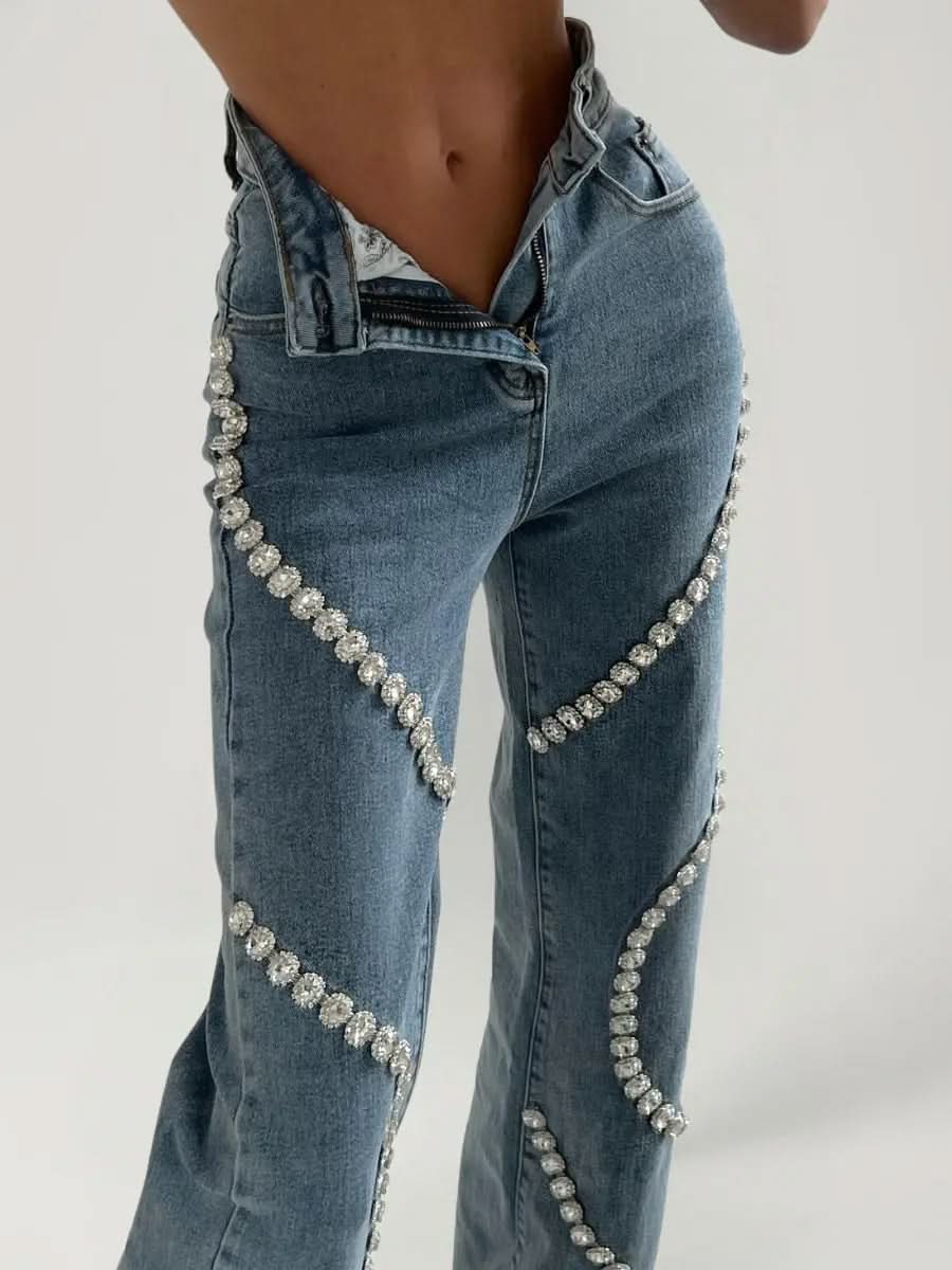 Jean Droit Taille Haute Strass - ComfySweet