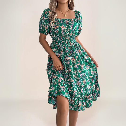 robe bohème florale émeraude à manches bouffantes