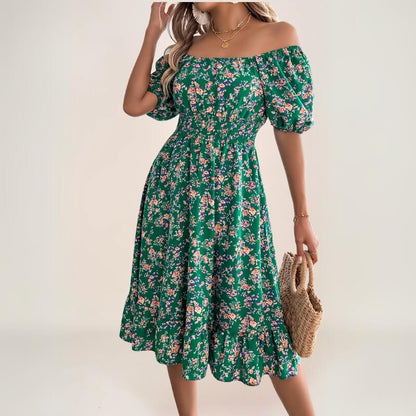 robe bohème florale émeraude à manches bouffantes