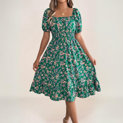 robe bohème florale émeraude à manches bouffantes