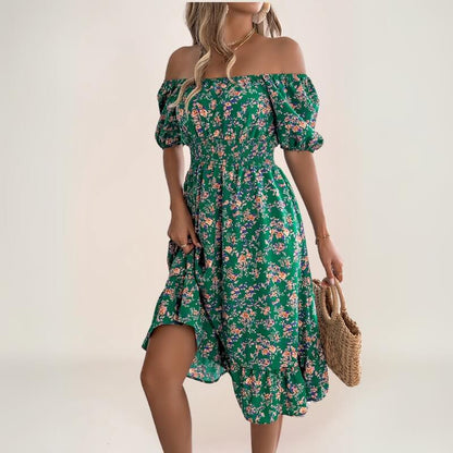 robe bohème florale émeraude à manches bouffantes