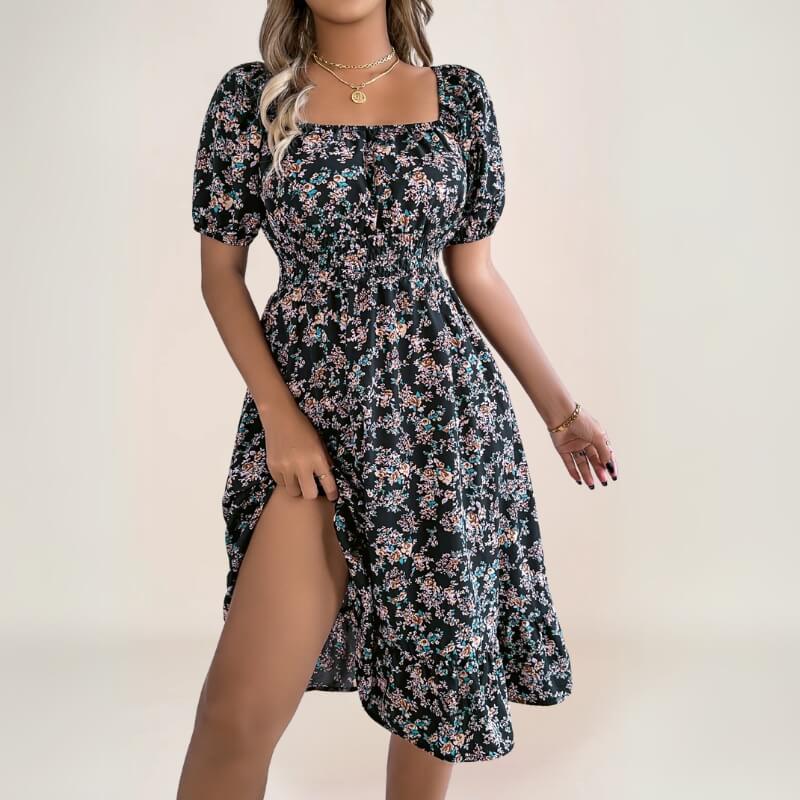 robe midi fleurie bohème avec manches courtes et volant bas