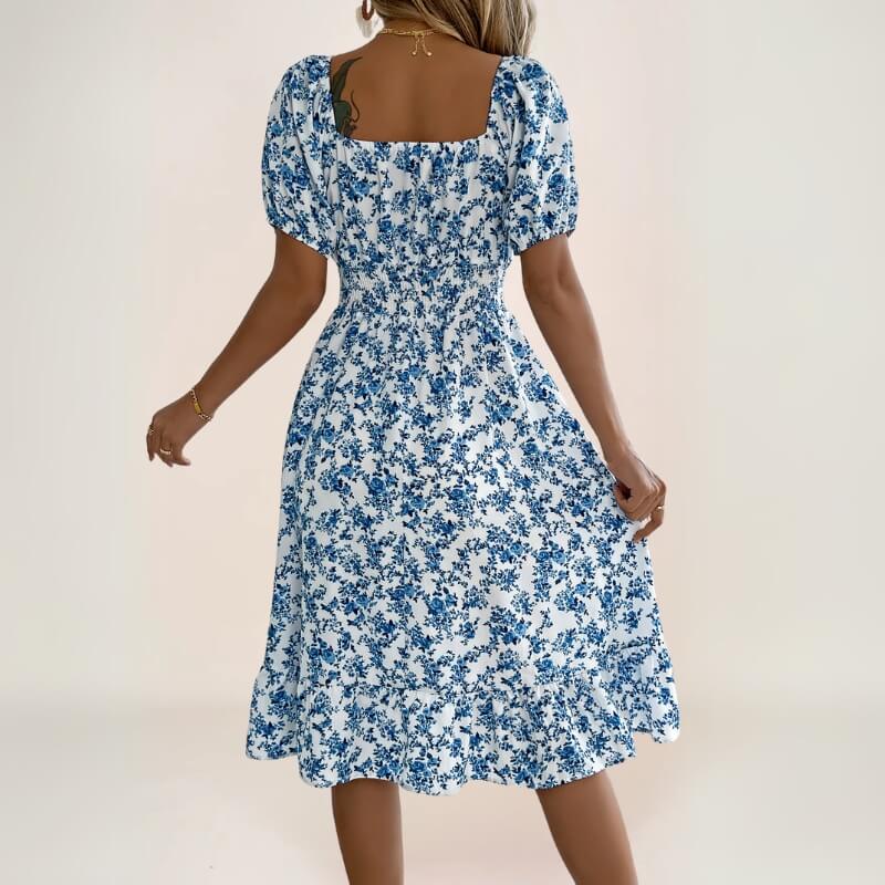 robe midi fleurie bohème avec manches courtes et volant bas