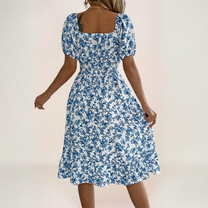 robe midi fleurie bohème avec manches courtes et volant bas