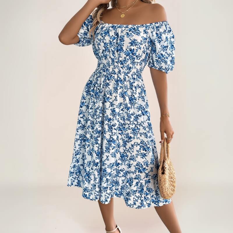 robe midi fleurie bohème avec manches courtes et volant bas