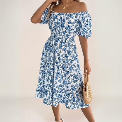 robe midi fleurie bohème avec manches courtes et volant bas