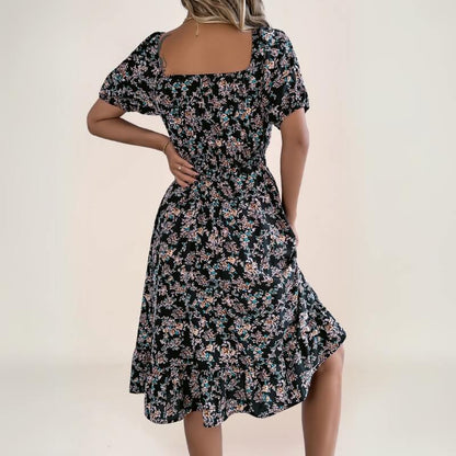 robe midi fleurie bohème avec manches courtes et volant bas