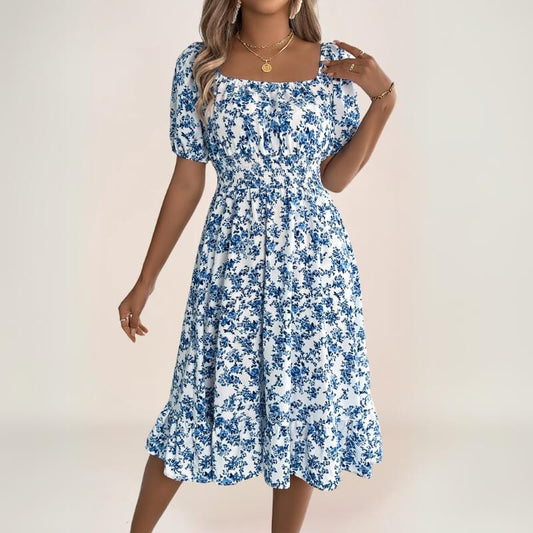 robe midi fleurie bohème avec manches courtes et volant bas