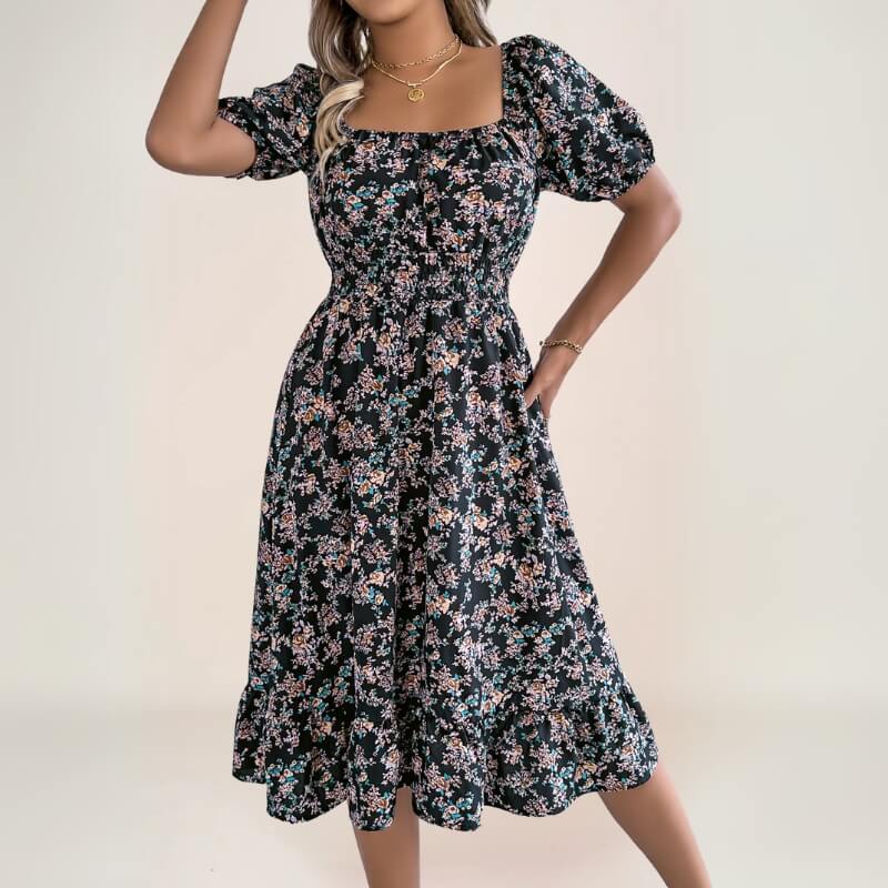robe midi fleurie bohème avec manches courtes et volant bas