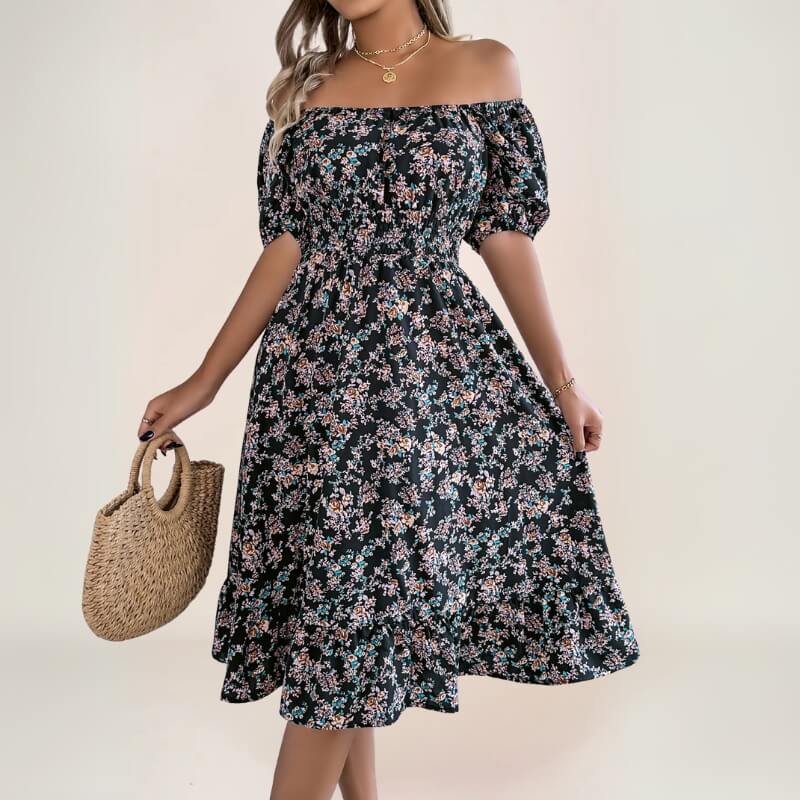 robe midi fleurie bohème avec manches courtes et volant bas