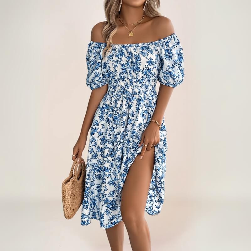 robe midi fleurie bohème avec manches courtes et volant bas