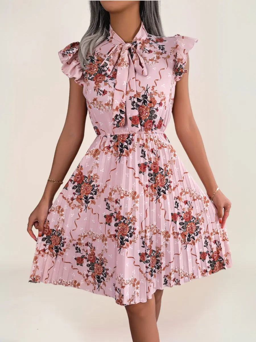Robe bohème plissée à imprimé floral et col lavallière - ComfySweet