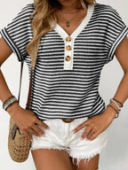 Top Rayé Maille Boutonné Col V - ComfySweet