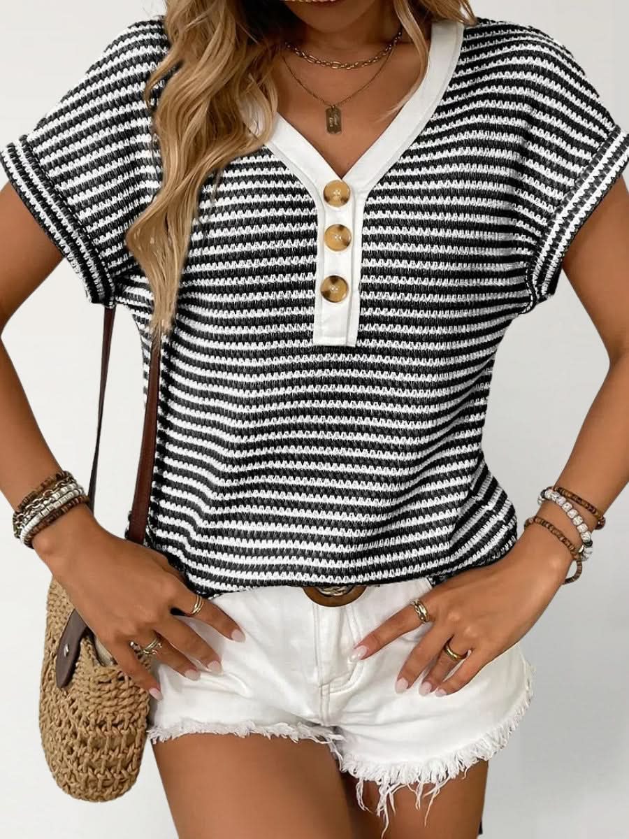 Top Rayé Maille Boutonné Col V - ComfySweet