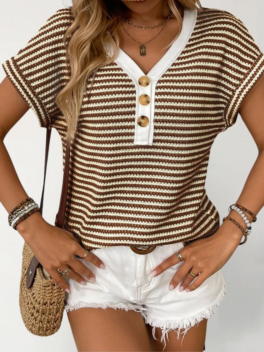 Top Rayé Maille Boutonné Col V - ComfySweet