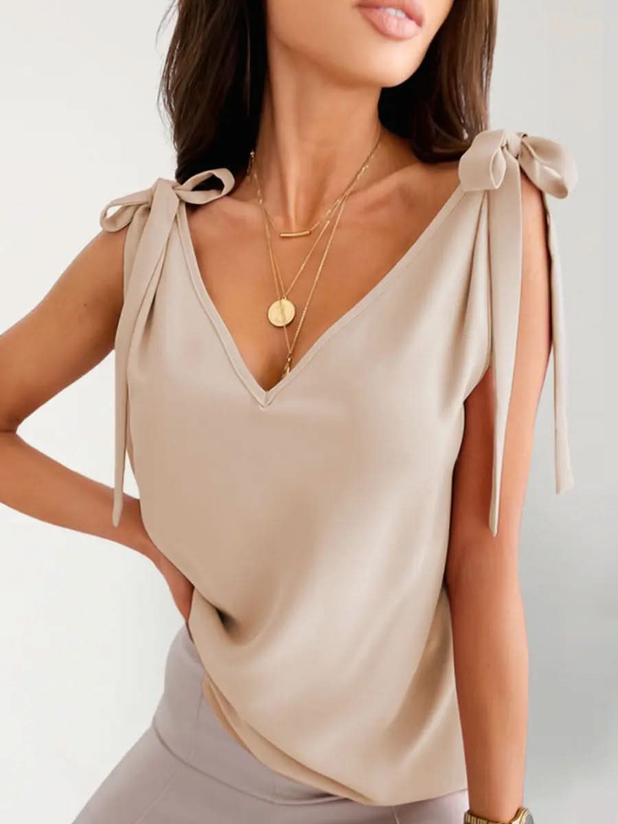 Top Sans Manches Satiné Nœuds Épaules - ComfySweet