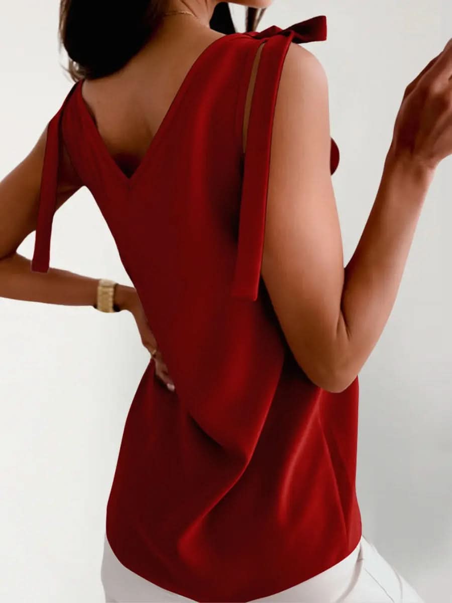 Top Sans Manches Satiné Nœuds Épaules - ComfySweet