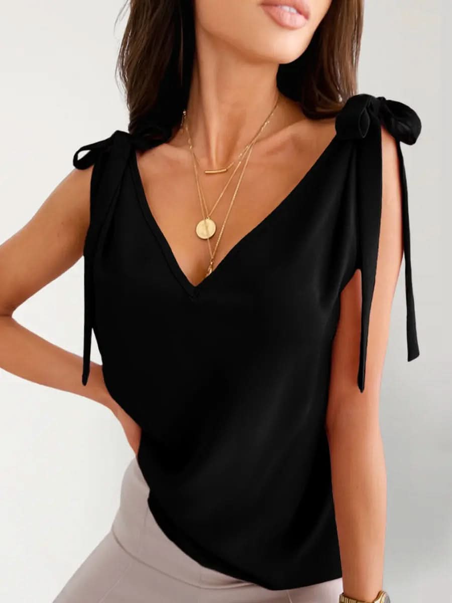 Top Sans Manches Satiné Nœuds Épaules - ComfySweet