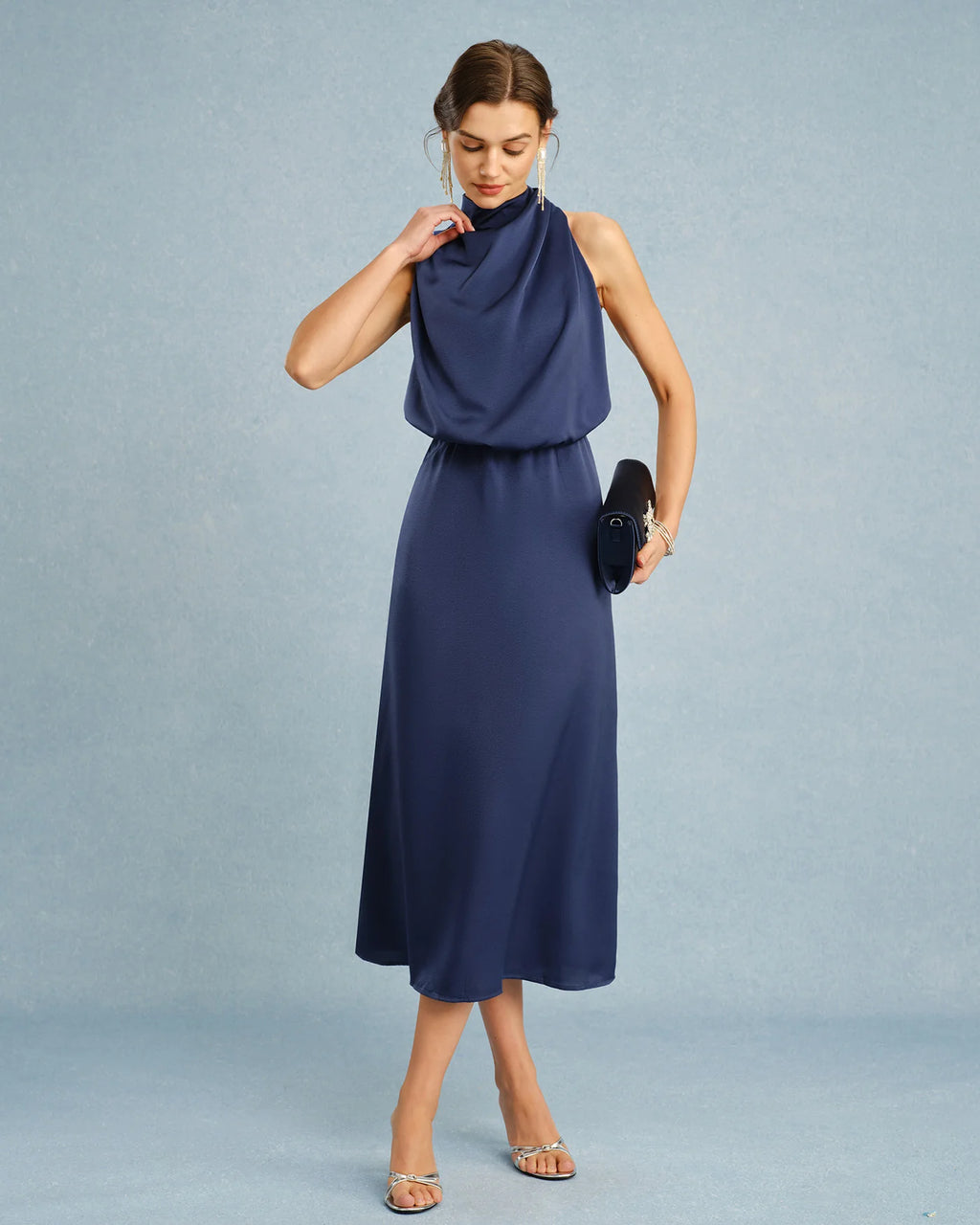 Robe midi satinée col montant Blue