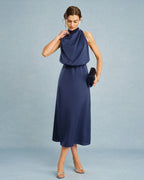 Robe midi satinée col montant Blue