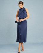 Robe midi satinée col montant Blue