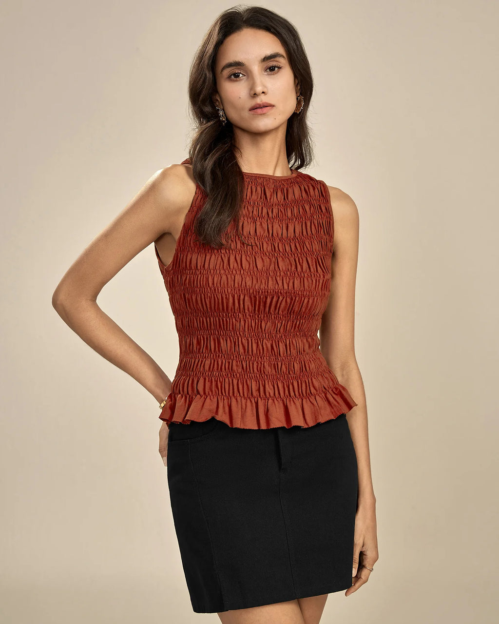 Top Smocké Terracotta à Encolure Bateau