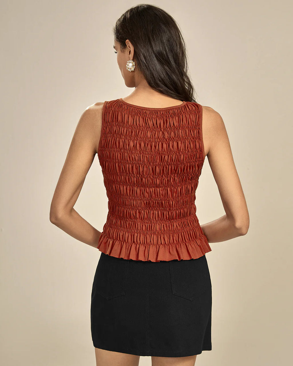 Top Smocké Terracotta à Encolure Bateau