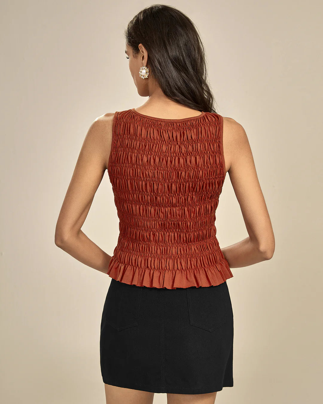 Top Smocké Terracotta à Encolure Bateau