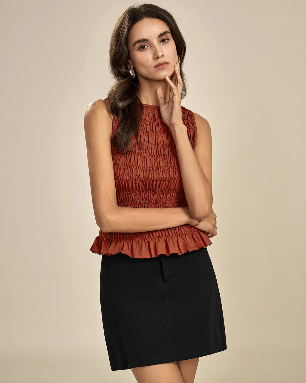 Top Smocké Terracotta à Encolure Bateau